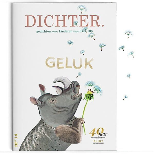 Meer dan 50 spiksplinternieuwe gedichten van Margriet van Bebber, Gerard Berends, Daniel Billiet, Monica Boschman, Annemarie van den Brink, Katelijne Brouwer, Herman Coenen, Liz Ditters, Frank Eerhart, Judy Elfferich, Karel Eykman, Diet Groothuis, Gijs van der Hammen, Kees Hermis, Jos van Hest, Gil vander Heyden, Mary Heylema, Wim Hofman, Ineke Holzhaus, Mieke van Hooft, Arjan Keene, Greetje Kruidhof, Johanna Kruit, Hans Kuyper, Ko de Laat, Joke van Leeuwen, Mariet Lems, Ank Mooren, Theo Olthuis, Kasper Peters, Merijn Ruis, Kate Schlingemann, Kees Spiering, Ymkje Swart, Rian Visser, Linda Vogelesang, Bette Westera, Sandra de Weijze, Saskia van der Wiel en Riet Wille. Met prachtige illustraties van Grootzus. collage neushoorn