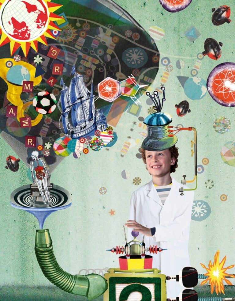 illustratie professioneel collage grootzus 2voor12 junior tijdschrift wetenschap jongeren kinderen weetjes informatie wetenschap globe biologie geschiedenis machine taal muziek biologie aardrijkskunde vakken schoolvakken slim intelligent IQ professor slimmerik taal, sport, geschiedenis, biologie, muziek, wetenschap en aardrijkskunde brugklas tweede middelbareschool voortgezet onderwijs cover