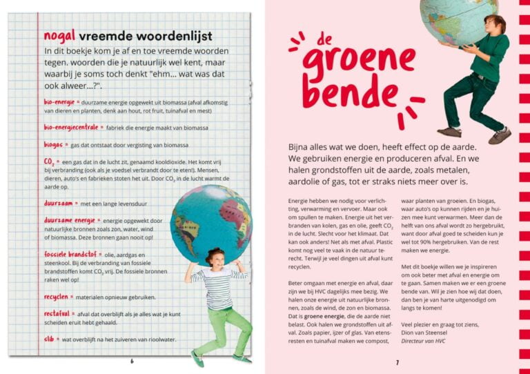 Grootzus maakte voor HVC illustraties in het boekje De Groene Bende voor scholieren met tips en weetjes over duurzaamheid, energie en afval.