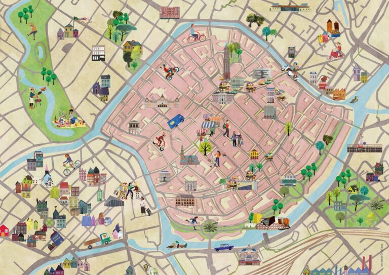 Groningen studentenstad plattegrond iconen architectuur AAkerk Groninger museum toerisme vvv station stadhuis RUG Minerva vereniging studentenvereniging Martinitoren forum Vera studeren collage illustratie grootzus professioneel wegwijs studentenleven uitgaansleven