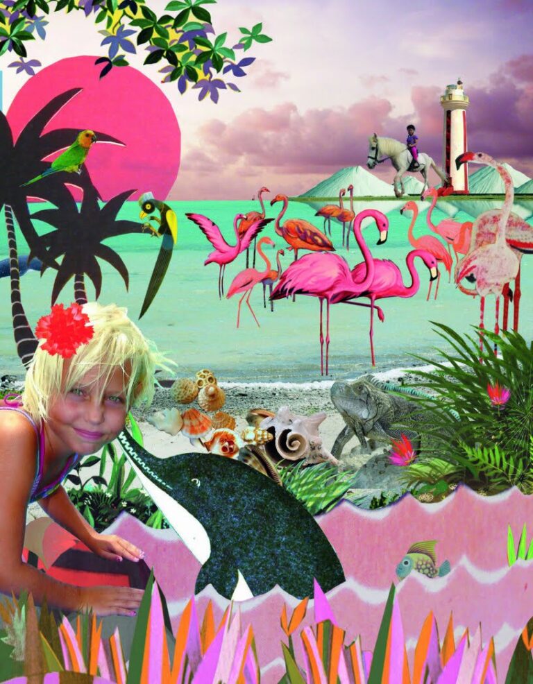 illustratie collage editorial collage professioneel grootzus uitgeverij Zwijsen educatie schoolboeken tijdschrift magazine voor meisjes wereldmeisjes emigratie expat ergens anders wonen verhuizen emigreren Caribisch gebied Bonaire curaçao Antillen Suriname