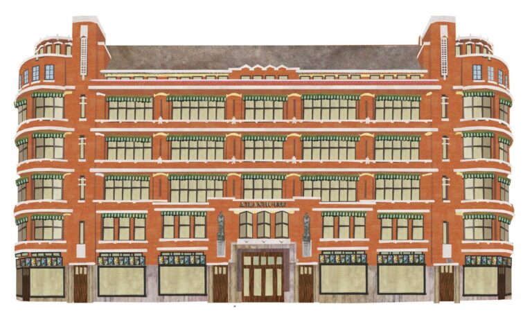 beschermd stadsgezicht stadsontwikkeling gemeente rotterdam plattegrond portret architectuur gebouwen iconen historisch typisch toonaangevend typerend gevels structuren stadsgezicht monument beeldkwaliteit stedenbouw architectuur collage illustratie professioneel Grootzus sfeervol vrolijk Scheepvaartkwartier westerkade koningin Emma plein westelijk handelsterrein scheepstimmermanslaan Noorse kerk calandstraat de maas atlanticus Euromast het park klassiek historisch