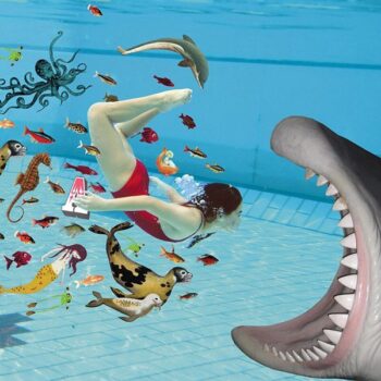 zwemles zwemgat zwem angst watervrees ABC diploma zwemdiploma Hippo zwembad chloor schoolzwemmen zwem gat onderwater zwemmen bang JM voor ouders tijdschrift magazine weekbladpers dyslexie illustratie collage professioneel editorial illustrator