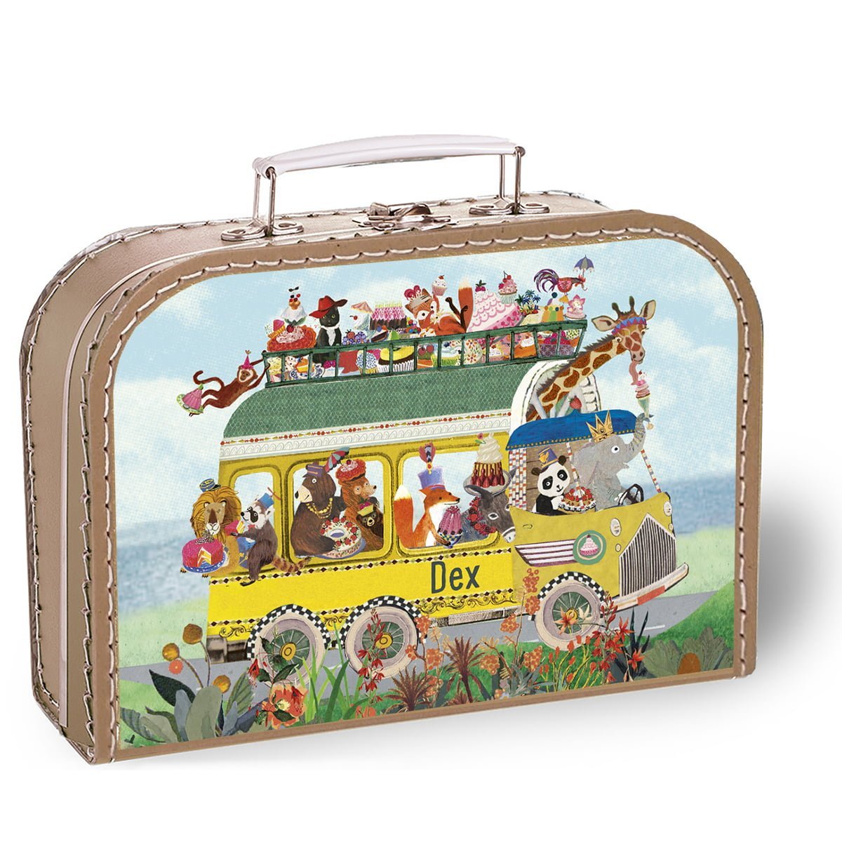 kinderkoffer koffertje kartonnen koffer meenemen logeren logeerkoffer speelgoedkoffer opbergen opruimen Origineel uniek feest vintage retro poesie nostalgie gezellig vrolijk kleurrijk stoer schattig art kunst illustratie illustration gouden boekje kijkplaat zoekprent zoekplaat zoekboek kinderboek festival reizen Landschap bos bosdieren konijn das hert Bambi hertjes vos vosje Auto vliegtuig brandweerwagen bus safari dieren festival reizen kraamcadeau verjaardagscadeau gepersonaliseerd