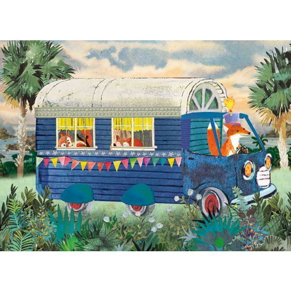 vrolijke ansicht kaart met camper busje op vakantie met drie vosjes