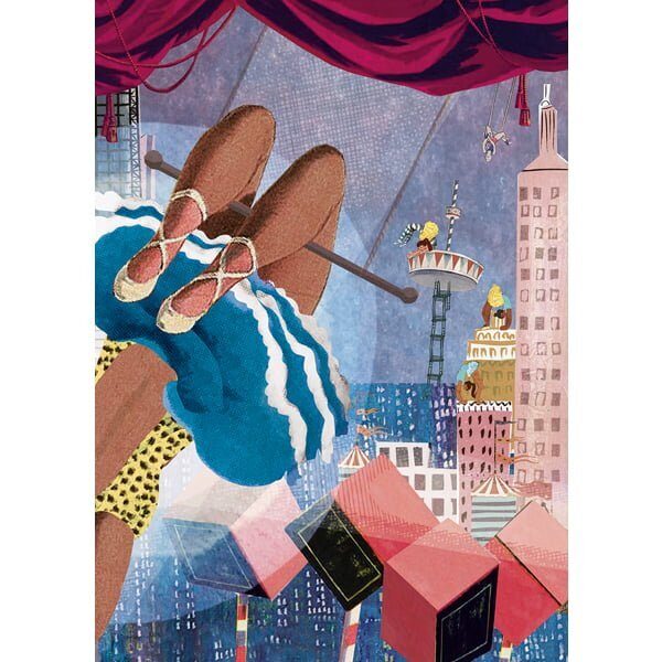 poster of ansicht kaart met acrobaten in Rotterdamse circus stad met de Euromast en kubus woningen in circus stijl