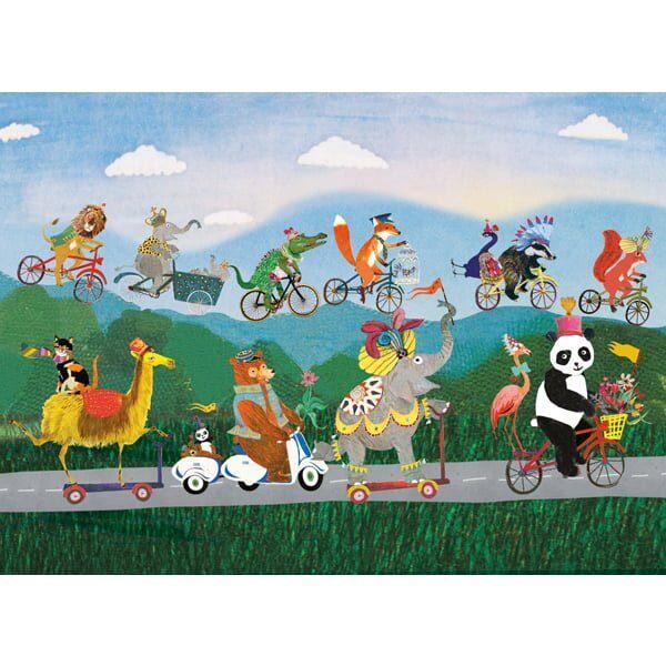 vrolijke ansicht kaart met grappige dieren op voertuigen; fietsen, steps, brommer en scooters. Een grote kleurrijke feestelijkheid