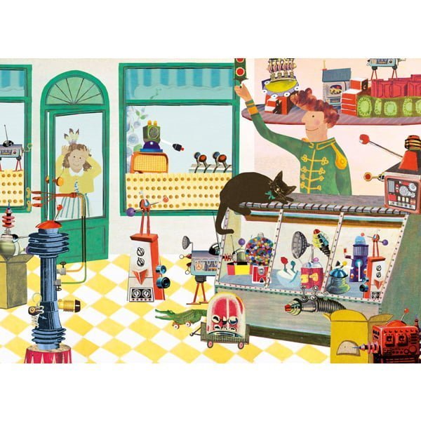 ansicht kaart met illustratie uit Gouden boekje; dit is de knopjes winkel met een zwarte poes op de toonbank