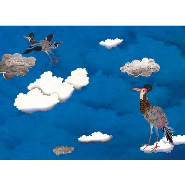 sfeervolle ansichtkaart over afscheid; een vogel vliegt weg in een wolkenlucht