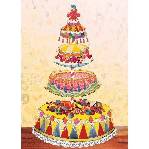 Vrolijke, grappige, kleurrijke en originele verjaardag kaart em hele grote taart opgebouwd uit circus elementen; dat is vrolijk verjaardag vieren