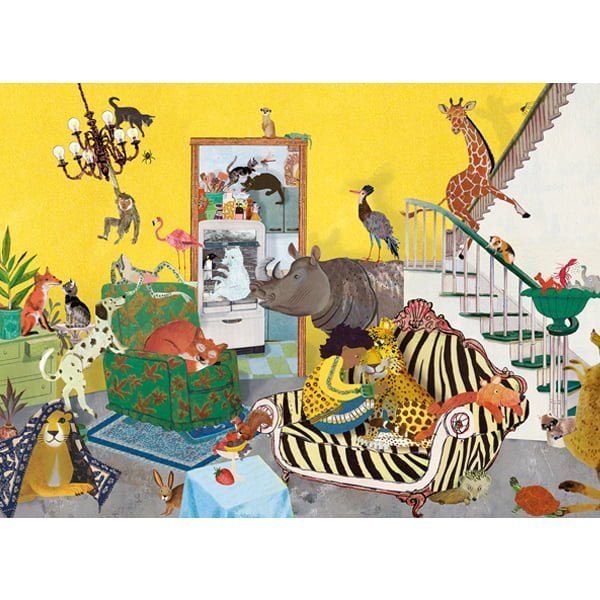 ansichtkaart met illustratie uit prentenboek 'later als ik groot ben' met een huiskamer vol met dieren