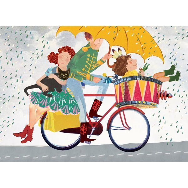 vrolijke kaart met illustratie uit Gouden Boekje met moeder achterop de fiets en kind in bak voorop de fiets met een grappige kat