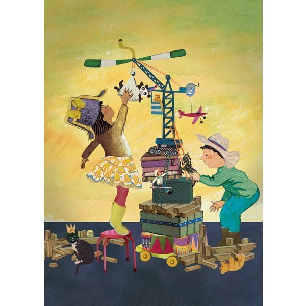 vrolijke ansicht kaart met spelende kinderen die een creatief bouwwerk maken van speelgoed. een vrolijke kaart om te versturen aan een kleuter