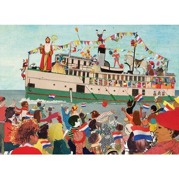 ansicht of poster met de aankomst van destoomboot van sinterklaas en de pieten verwelkomd door kinderen op de kade met vlaggetjes