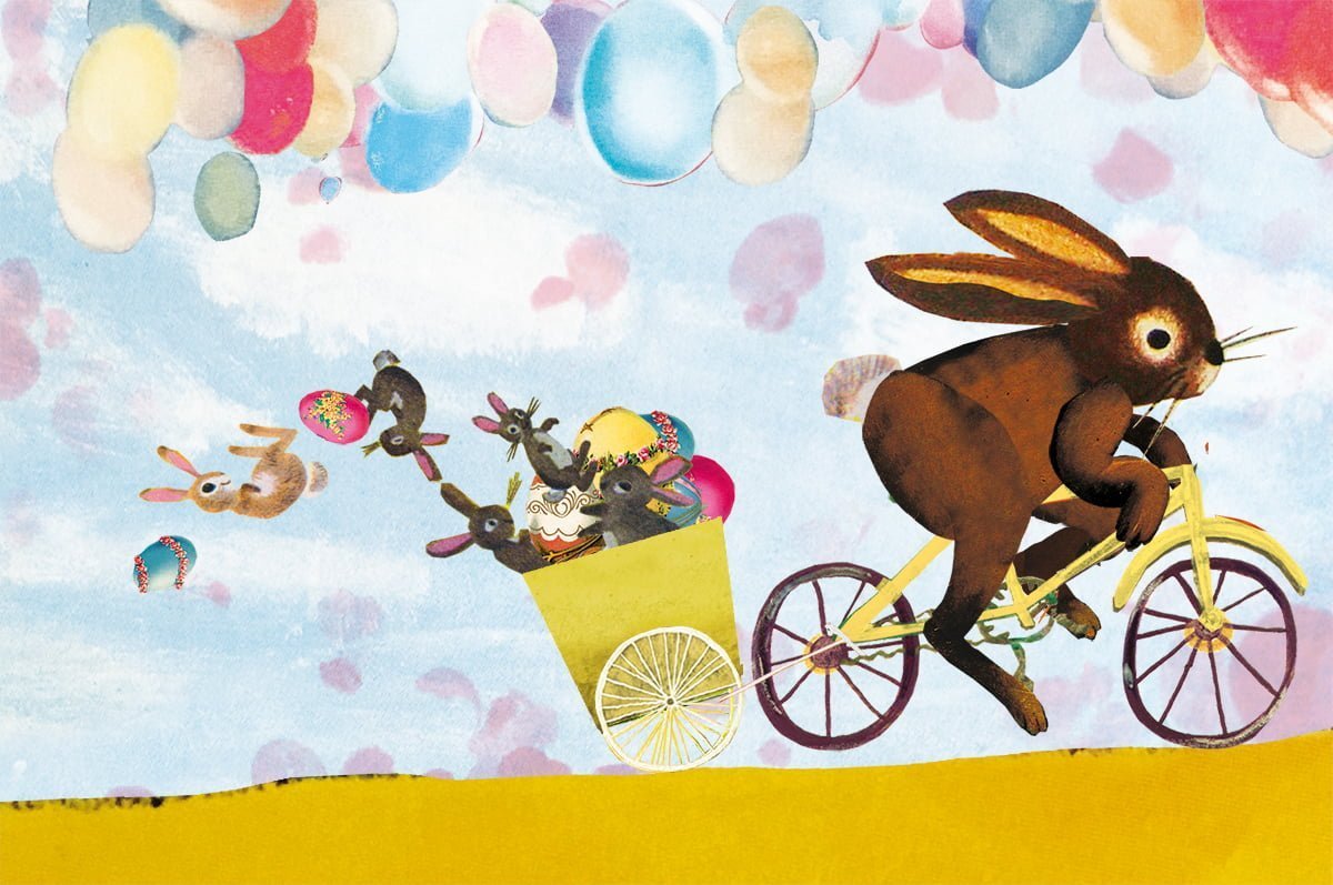 pasen, paasei paashaas schilderen zoeken paasfeest haas haast op de fiets wielrennen racefiets bakfiets kindjes feest vintage retro collage illustratie vrolijk ballonnen chocolade easter easter bunny postcard ansichtkaart ostern ostern Hase karten fahhrrad ostern ei grootzus