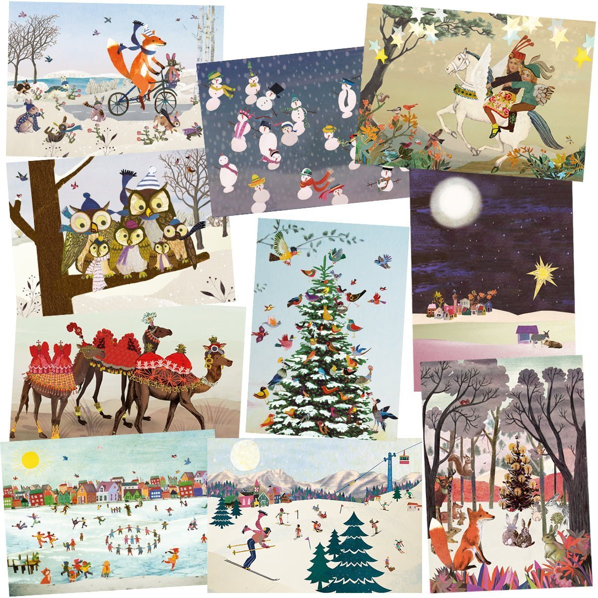 ansichtkaarten set met winterse kaarten met sneeuw ijs kerstbomen sneeuwpoppen schaatsen en wintersport