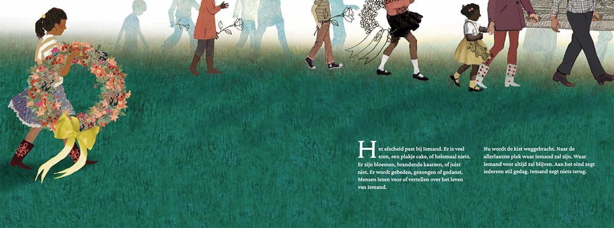 prentenboek, illustraties, grootzus, floor bal, gottmer, collage, dood, verlies, gemis, verwerken, kinderen, overlijden, inclusief, inclusieve kinderboeken, uniek, eigen, vertederend, geruststellend, begrafenis, begraven, cremeren, islamitisch, geloof, christelijk,