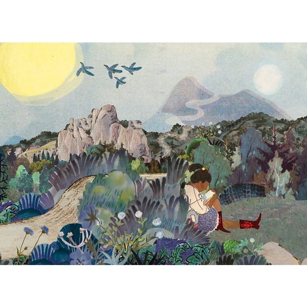 ansichtkaart met illustratie uit het boek 'het einde van iemand' met sfeervol somber hoopvol landschap met lezend meisje en een weg te gaan; mooie kaart om te sturen als het niet makkelijk is en je iemand sterkte wil wensen, dat je aan iemand denkt en dat er hoop is