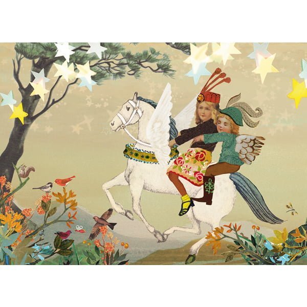 kaart met wit magisch paard met vleugels en twee engelen in dromerig sterren landschap; een sfeervolle en lieve kerstkaart
