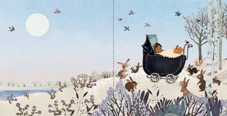 geboortekaartje, nostalgie, vintage, retro, wagentje, kinderwagen, baby, schattig, multi cultureel, teint, tint, huidkleur, huidskleur, van kleur, konijn, konijntjes, park, bos, winter, sneeuw, kou, lila, sfeervol, berk, berkenbos, berkenboom, vogel