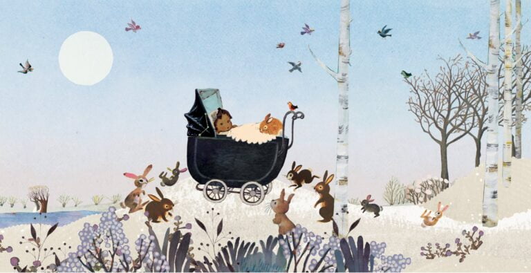 geboortekaartje, nostalgie, vintage, retro, wagentje, kinderwagen, baby, schattig, multi cultureel, teint, tint, huidkleur, huidskleur, van kleur, konijn, konijntjes, park, bos, winter, sneeuw, kou, lila, sfeervol, berk, berkenbos, berkenboom, vogel
