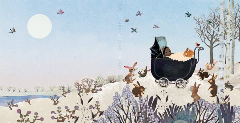 geboortekaartje, nostalgie, vintage, retro, wagentje, kinderwagen, baby, schattig, multi cultureel, teint, tint, huidkleur, huidskleur, van kleur, konijn, konijntjes, park, bos, winter, sneeuw, kou, lila, sfeervol, berk, berkenbos, berkenboom, vogel