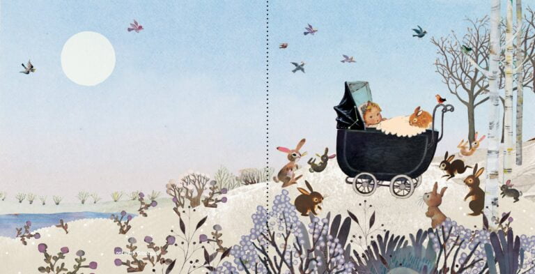 geboortekaartje, nostalgie, vintage, retro, wagentje, kinderwagen, baby, schattig, multi cultureel, teint, tint, huidkleur, huidskleur, van kleur, konijn, konijntjes, park, bos, winter, sneeuw, kou, lila, sfeervol, berk, berkenbos, berkenboom, vogel