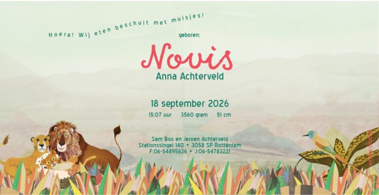 Geboortekaartje, aankondiging, announcement, birth, kaartje, birthcard, card, baby, babycard, Origineel, uniek, feest, vintage, retro, poesie, nostalgie, gezellig, vrolijk, grappig, kleurrijk, stoer, schattig, nostalgisch, fantasie, creatief, art, kunst, illustratie, illustration, kijkplaat, zoekprent, zoekplaat, zoekboek, kinderboek, prentenboek, festival reizen, gepersonaliseerd, Bloemen, dieren, broer, zus, kindje, meisje, jongen, genderneutraal, gender, neutraal, cultuur, inclusief, grote broer grote zus, siblings, grootbroer, leeuwen, Afrika, safari, the big five, zebra, antilope, giraffe, gezin, schattig, familie, vlinders, herfst, bruin, oker, , eerste kind,