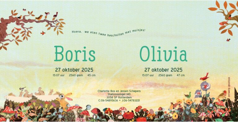 Geboortekaartje aankondiging announcement birth kaartje birthcard card baby babycard Origineel uniek feest vintage retro poesie nostalgie gezellig vrolijk kleurrijk stoer schattig nostalgisch fantasie creatief art kunst illustratie illustration kijkplaat zoekprent zoekplaat zoekboek kinderboek festival reizen gepersonaliseerd Bloemen dieren broer zus kindje meisje jongen genderneutraal gender neutraal cultuur huidskleur zwart donker Turks Chinees halfbloed Marokkaans Aziatisch Surinaams Antilliaans Landschap bos bosdieren konijn das hert Bambi hertjes vos vosje uil haas romantisch poesie nazomer gezellig warm sunset tweeling twin meerling drieling