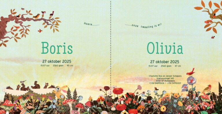 Geboortekaartje aankondiging announcement birth kaartje birthcard card baby babycard Origineel uniek feest vintage retro poesie nostalgie gezellig vrolijk kleurrijk stoer schattig nostalgisch fantasie creatief art kunst illustratie illustration kijkplaat zoekprent zoekplaat zoekboek kinderboek festival reizen gepersonaliseerd Bloemen dieren broer zus kindje meisje jongen genderneutraal gender neutraal cultuur huidskleur zwart donker Turks Chinees halfbloed Marokkaans Aziatisch Surinaams Antilliaans Landschap bos bosdieren konijn das hert Bambi hertjes vos vosje uil haas romantisch poesie nazomer gezellig warm sunset tweeling twin meerling drieling