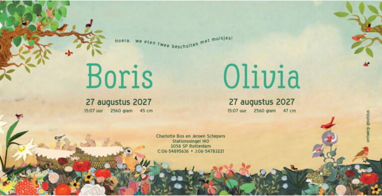 Geboortekaartje aankondiging announcement birth kaartje birthcard card baby babycard Origineel uniek feest vintage retro poesie nostalgie gezellig vrolijk kleurrijk stoer schattig nostalgisch fantasie creatief art kunst illustratie illustration kijkplaat zoekprent zoekplaat zoekboek kinderboek festival reizen gepersonaliseerd Bloemen dieren broer zus kindje meisje jongen genderneutraal gender neutraal cultuur huidskleur zwart donker Turks Chinees halfbloed Marokkaans Aziatisch Surinaams Antilliaans Landschap bos bosdieren konijn das hert Bambi hertjes vos vosje uil haas romantisch poesie nazomer gezellig warm sunset tweeling twin meerling drieling