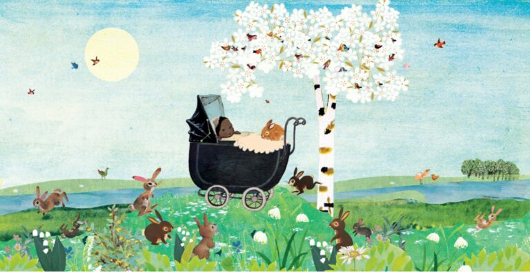 geboortekaartje, nostalgie, vintage, retro, wagentje, kinderwagen, baby, schattig, multi cultureel, teint, tint, huidkleur, huidskleur, van kleur, konijn, konijntjes, park, bos, plas, meer, waterkant, lente, voorjaar, vogeltjes, bloesem, kersenbloesem, weide, rivier, berk, berkenboom