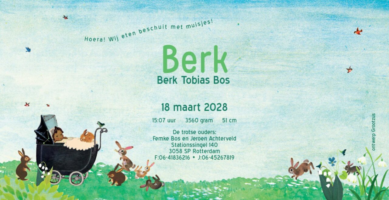 geboortekaartje, nostalgie, vintage, retro, wagentje, kinderwagen, baby, schattig, multi cultureel, teint, tint, huidkleur, huidskleur, van kleur, konijn, konijntjes, park, bos, plas, meer, waterkant, lente, voorjaar, vogeltjes, bloesem, kersenbloesem, weide, rivier, berk, berkenboom