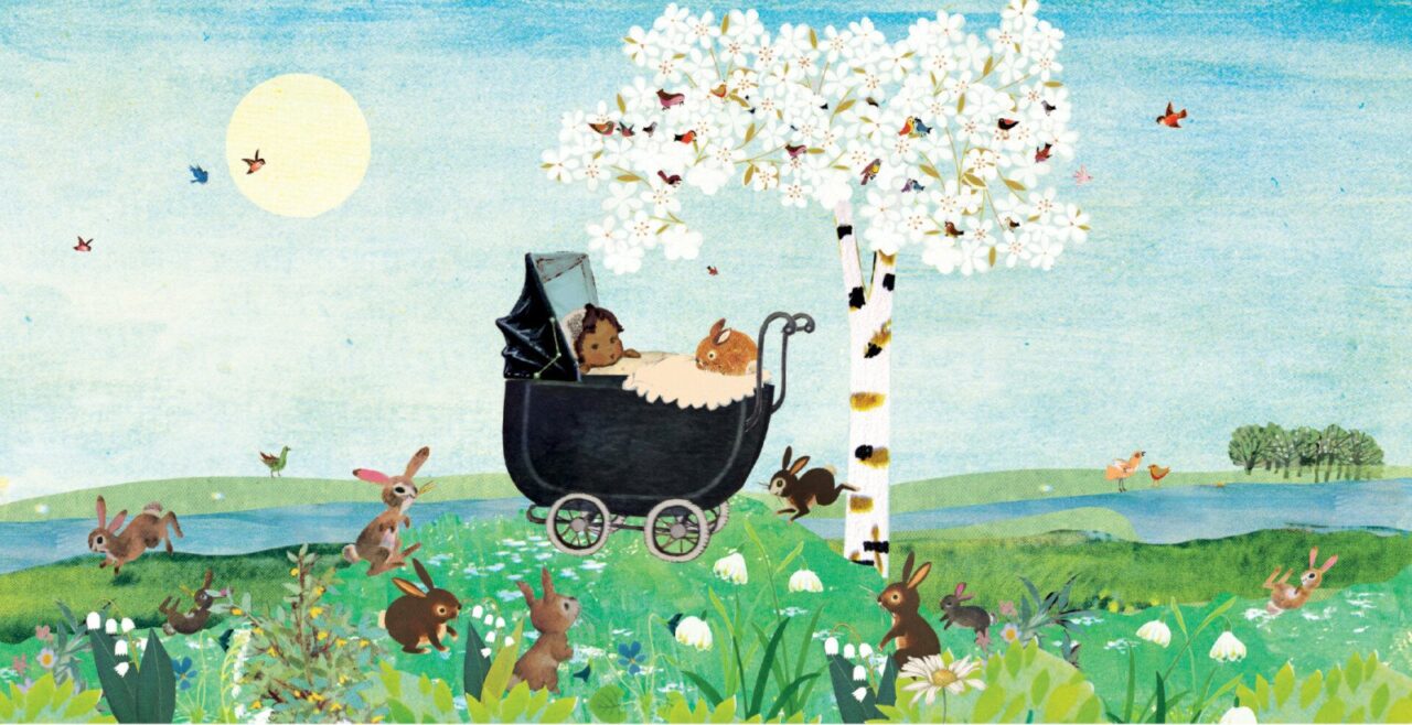 geboortekaartje, nostalgie, vintage, retro, wagentje, kinderwagen, baby, schattig, multi cultureel, teint, tint, huidkleur, huidskleur, van kleur, konijn, konijntjes, park, bos, plas, meer, waterkant, lente, voorjaar, vogeltjes, bloesem, kersenbloesem, weide, rivier, berk, berkenboom