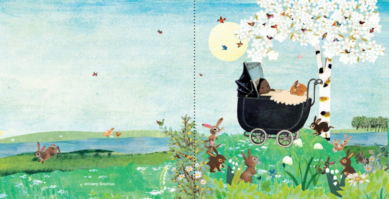 geboortekaartje, nostalgie, vintage, retro, wagentje, kinderwagen, baby, schattig, multi cultureel, teint, tint, huidkleur, huidskleur, van kleur, konijn, konijntjes, park, bos, plas, meer, waterkant, lente, voorjaar, vogeltjes, bloesem, kersenbloesem, weide, rivier, berk, berkenboom