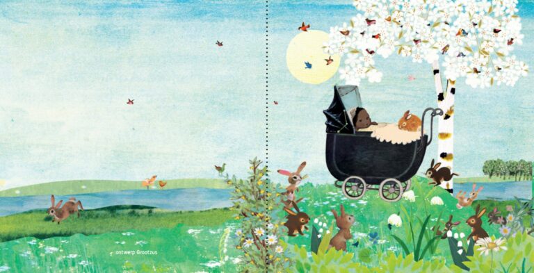 geboortekaartje, nostalgie, vintage, retro, wagentje, kinderwagen, baby, schattig, multi cultureel, teint, tint, huidkleur, huidskleur, van kleur, konijn, konijntjes, park, bos, plas, meer, waterkant, lente, voorjaar, vogeltjes, bloesem, kersenbloesem, weide, rivier, berk, berkenboom