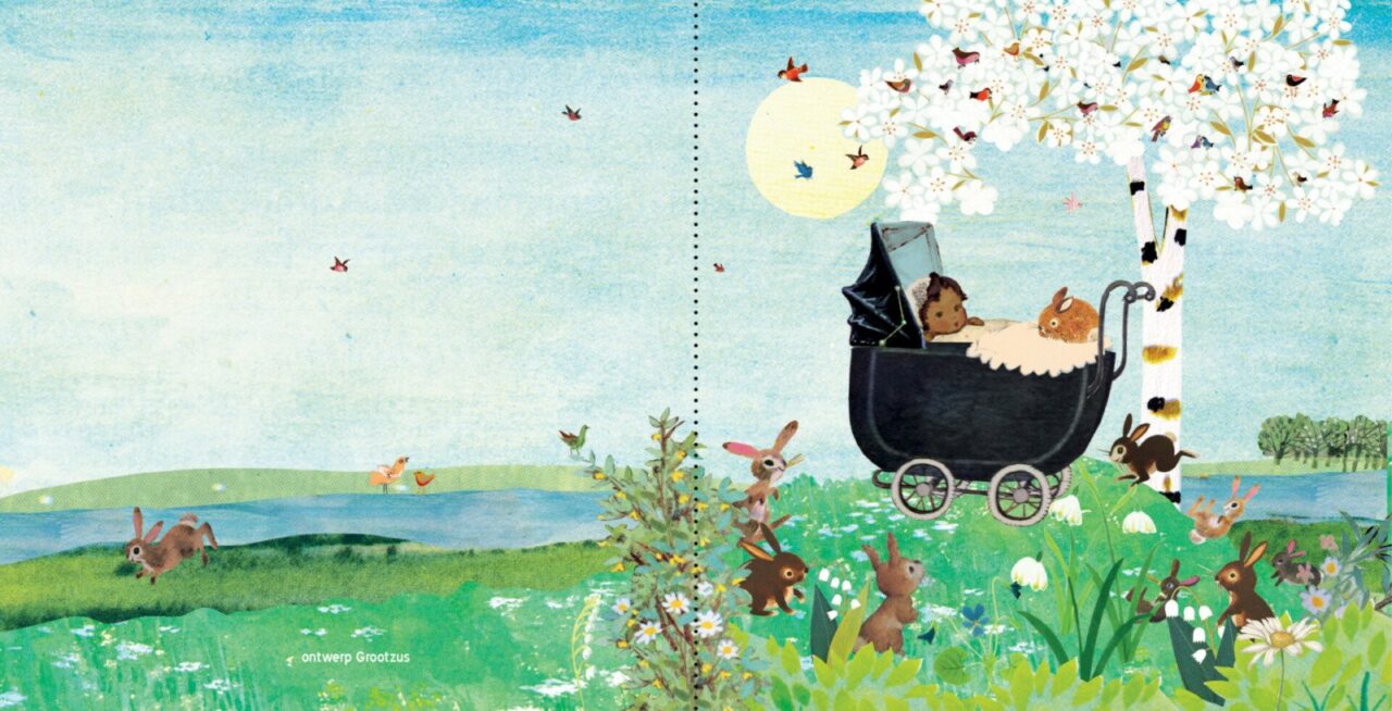 geboortekaartje, nostalgie, vintage, retro, wagentje, kinderwagen, baby, schattig, multi cultureel, teint, tint, huidkleur, huidskleur, van kleur, konijn, konijntjes, park, bos, plas, meer, waterkant, lente, voorjaar, vogeltjes, bloesem, kersenbloesem, weide, rivier, berk, berkenboom