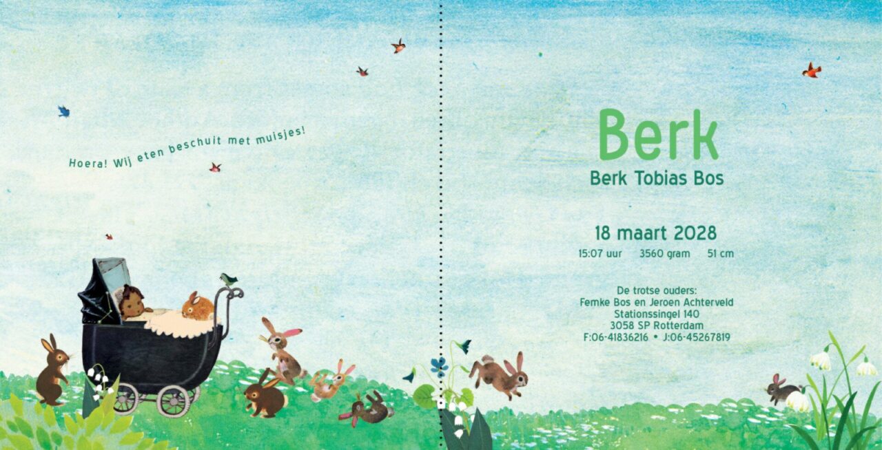 geboortekaartje, nostalgie, vintage, retro, wagentje, kinderwagen, baby, schattig, multi cultureel, teint, tint, huidkleur, huidskleur, van kleur, konijn, konijntjes, park, bos, plas, meer, waterkant, lente, voorjaar, vogeltjes, bloesem, kersenbloesem, weide, rivier, berk, berkenboom