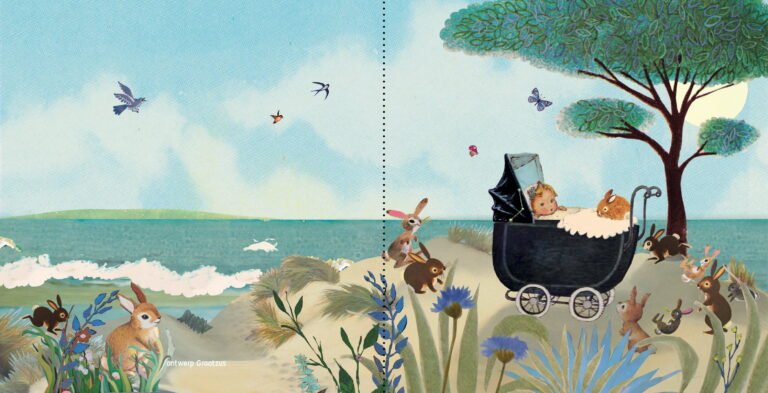 geboortekaartje, nostalgie, vintage, retro, wagentje, kinderwagen, baby, schattig, multi cultureel, teint, tint, huidkleur, huidskleur, van kleur, konijn, konijntjes, park, bos, duinen, zee, strand, zand, zomer,