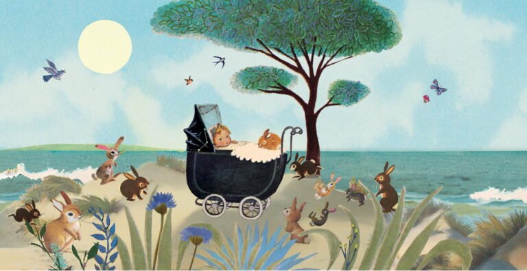 geboortekaartje, nostalgie, vintage, retro, wagentje, kinderwagen, baby, schattig, multi cultureel, teint, tint, huidkleur, huidskleur, van kleur, konijn, konijntjes, park, bos, duinen, zee, strand, zand, zomer,