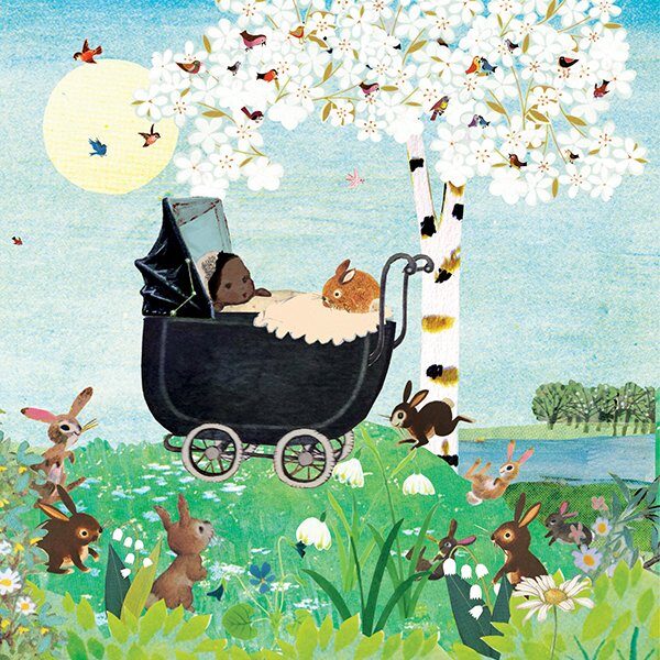 geboortekaartje, nostalgie, vintage, retro, wagentje, kinderwagen, baby, schattig, multi cultureel, teint, tint, huidkleur, huidskleur, van kleur, konijn, konijntjes, park, bos, plas, meer, waterkant, lente, voorjaar, vogeltjes, bloesem, kersenbloesem, weide, rivier, berk, berkenboom