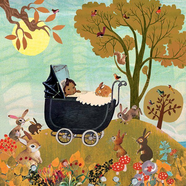 geboortekaartje, nostalgie, vintage, retro, wagentje, kinderwagen, baby, schattig, multi cultureel, teint, tint, huidkleur, huidskleur, van kleur, konijn, konijntjes, park, bos, paddestoel, herfst, najaar, seizoen,