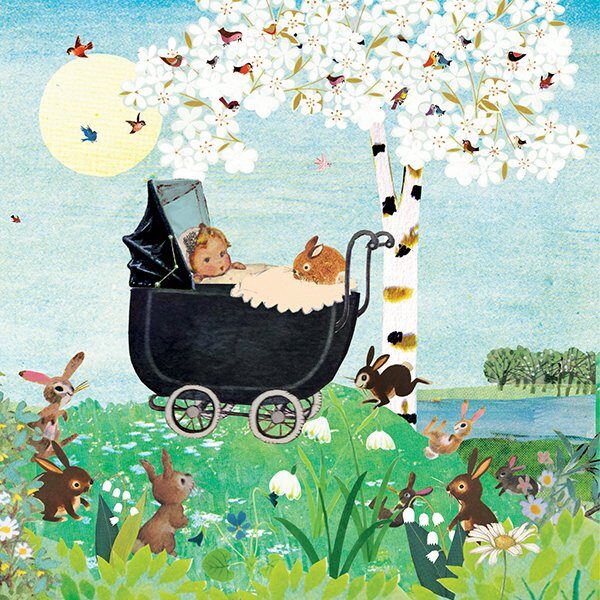 geboortekaartje, nostalgie, vintage, retro, wagentje, kinderwagen, baby, schattig, multi cultureel, teint, tint, huidkleur, huidskleur, van kleur, konijn, konijntjes, park, bos, plas, meer, waterkant, lente, voorjaar, vogeltjes, bloesem, kersenbloesem, weide, rivier, berk, berkenboom