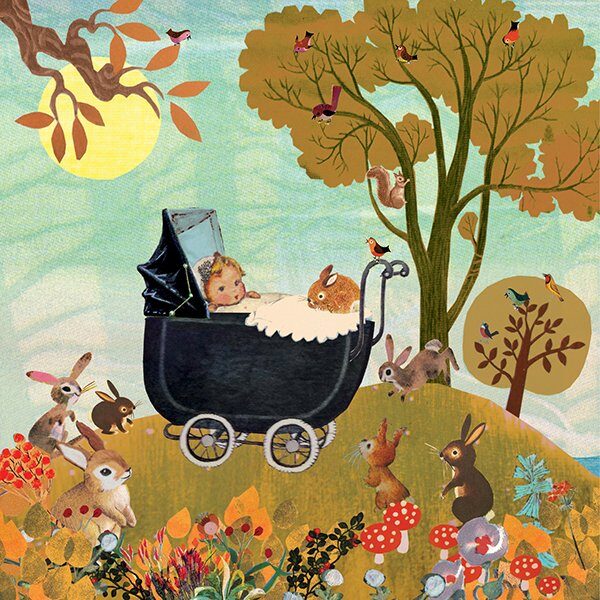 geboortekaartje, nostalgie, vintage, retro, wagentje, kinderwagen, baby, schattig, multi cultureel, teint, tint, huidkleur, huidskleur, van kleur, konijn, konijntjes, park, bos, paddestoel, herfst, najaar, seizoen,