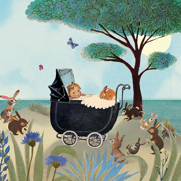 geboortekaartje, nostalgie, vintage, retro, wagentje, kinderwagen, baby, schattig, multi cultureel, teint, tint, huidkleur, huidskleur, van kleur, konijn, konijntjes, park, bos, duinen, zee, strand, zand, zomer,