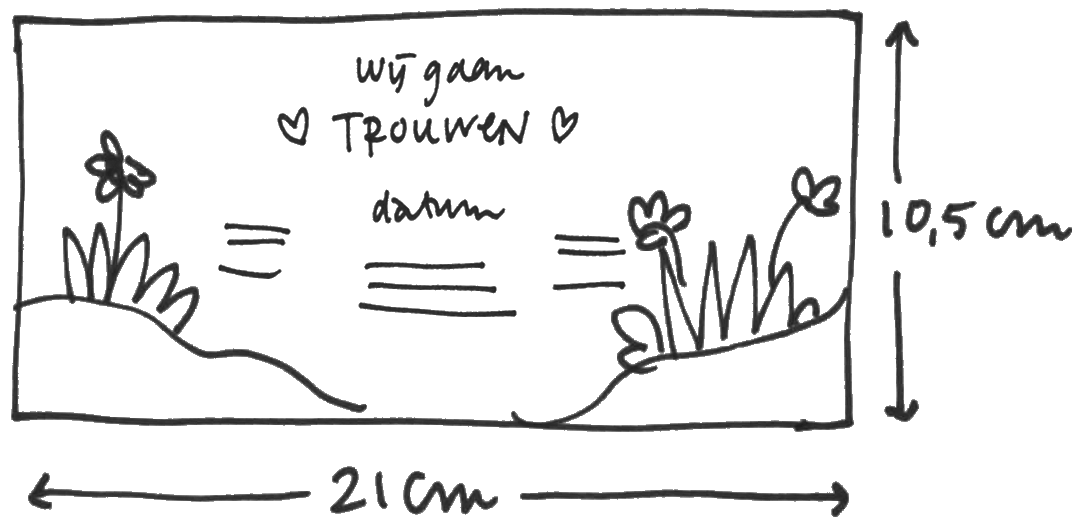uitleg over de afmetingen en formaten van het rechthoekige liggende trouwkaartje