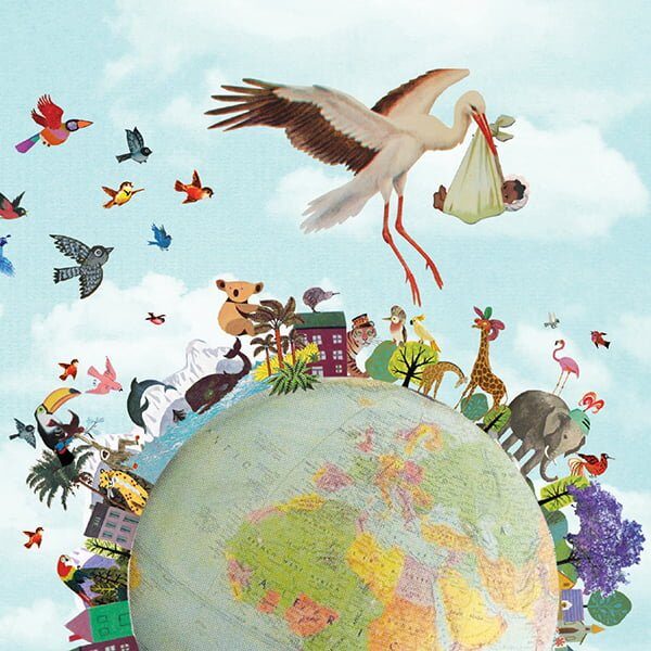geboortekaartje, birth announcement, multiculti, multi cultureel, wereldbol, wereld, aarde, globe, vrolijk, vintage, nostalgisch, grappig, stoer, lief, hip, ooievaar, Suriname, Marokkaans, islamitisch, dieren, wereldburger, vogels, olifant, koala, giraffe, mooie wereld,