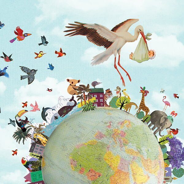 geboortekaartje, birth announcement, multiculti, multi cultureel, wereldbol, wereld, aarde, globe, vrolijk, vintage, nostalgisch, grappig, stoer, lief, hip, ooievaar, Suriname, Marokkaans, islamitisch, dieren, wereldburger, vogels, olifant, koala, giraffe, mooie wereld,