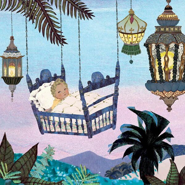 geboortekaartje, geboorte, kaart, birthcard, wiegje, hangwieg, Marokkaans, berbers, islamitisch, Arabisch, Turks, lantarens, palmbomen, palm, sfeervol, avond, ondergaande zon, lantaren, Marokkaanse lamp, multicultureel, multiculti, vintage, romantisch, nostalgisch, uniek, vrolijk, lief, schattig,