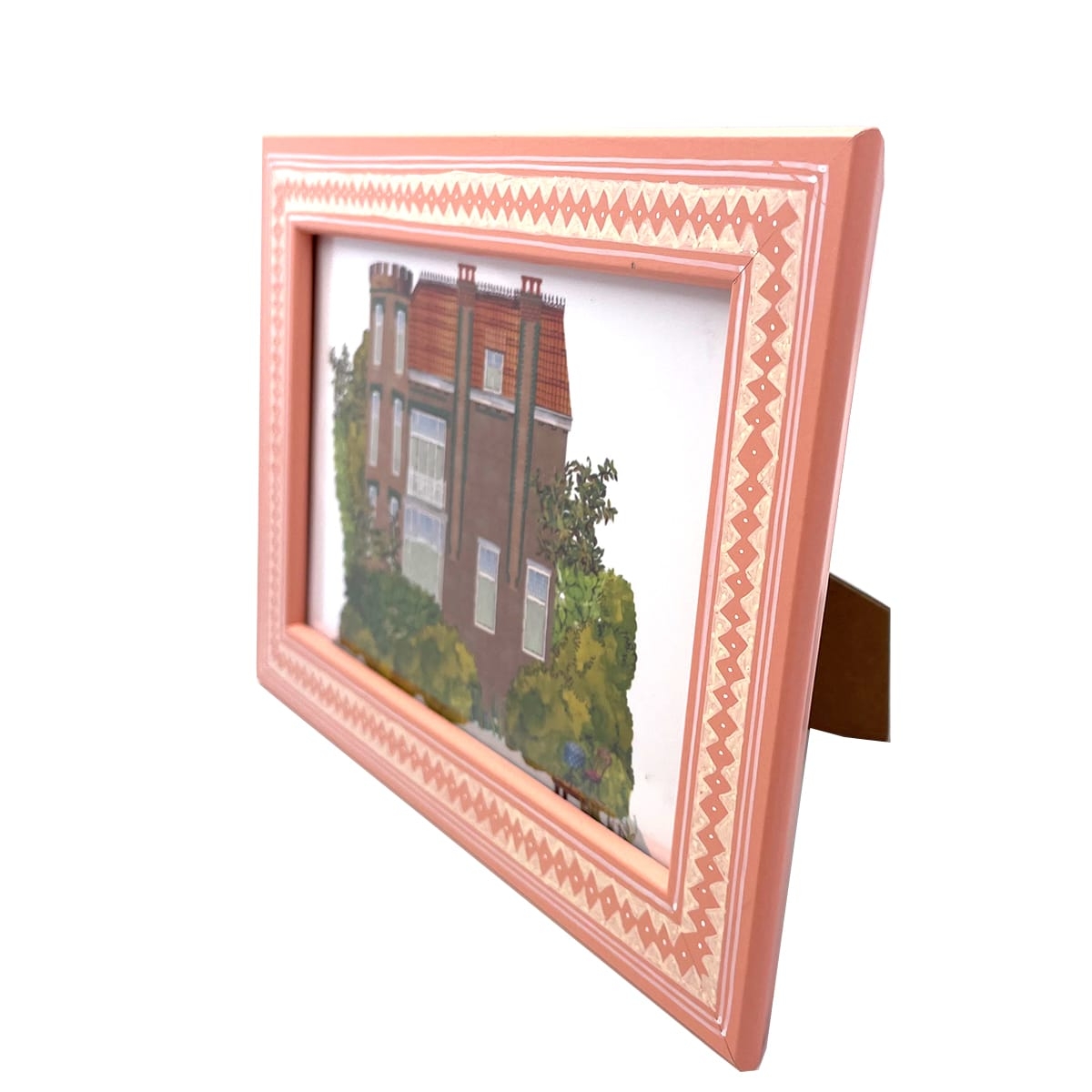 Kunstwerk met handbeschilderd lijstje en architectuur portret van een woning aan de Vijverweg in Kralingen Rotterdam